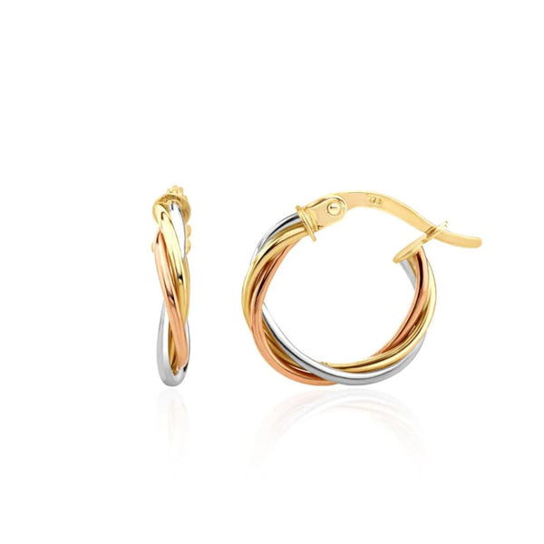 3 Colour Russian Twisted Hoop Earrings 9ct Gold