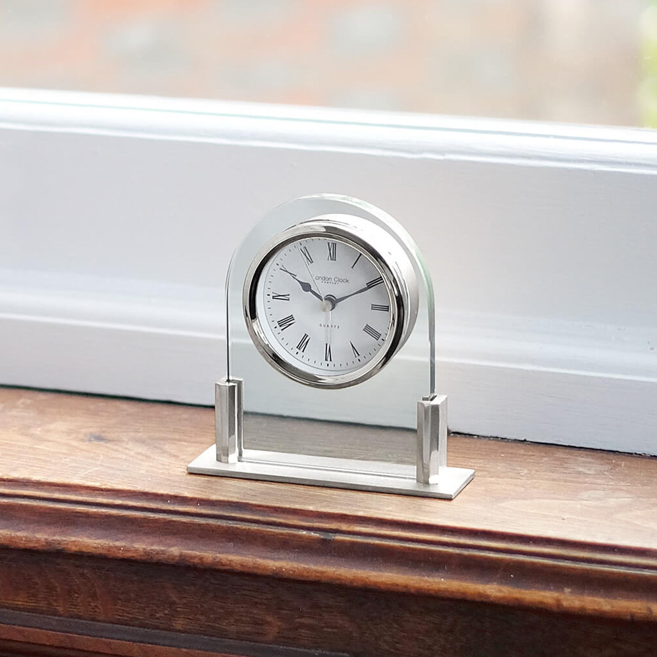 London Clock Silver Arch Top Glass Mantle Clock