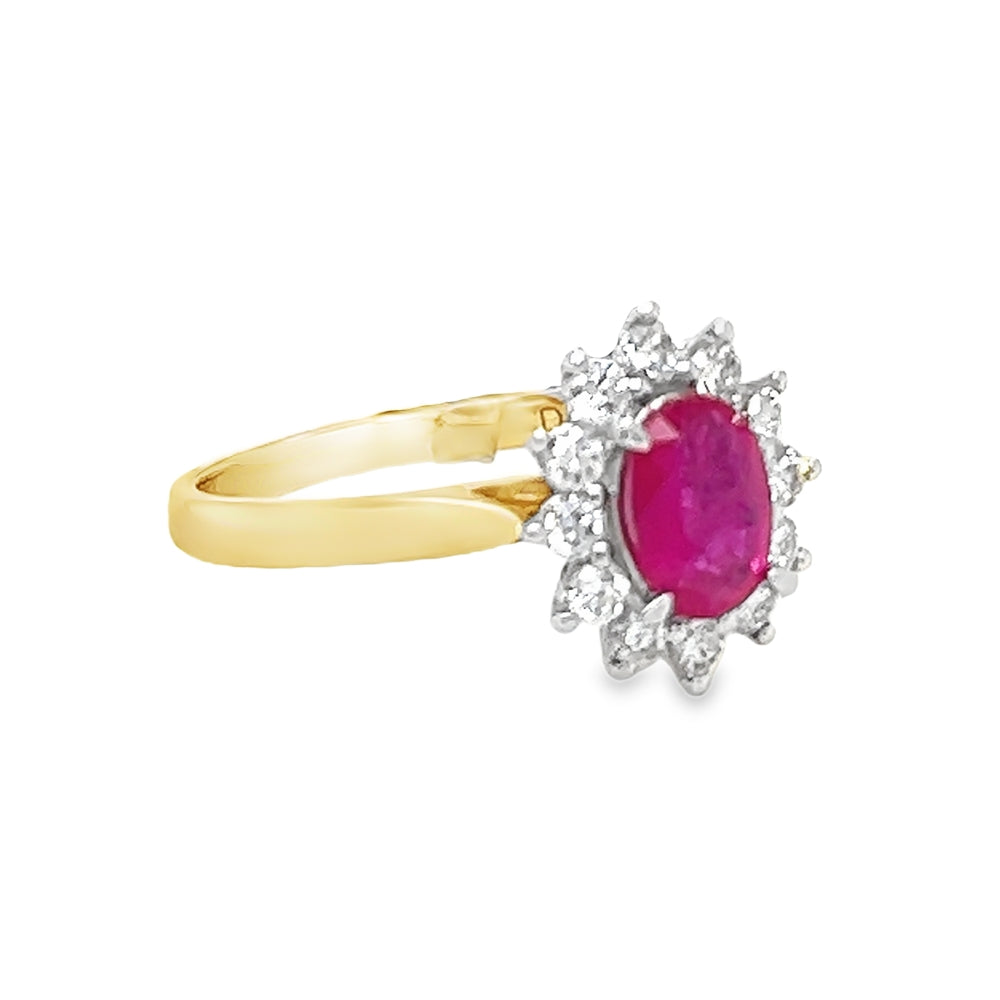 Ruby & Diamond Oval Cluster Ring 18ct Gold side 2