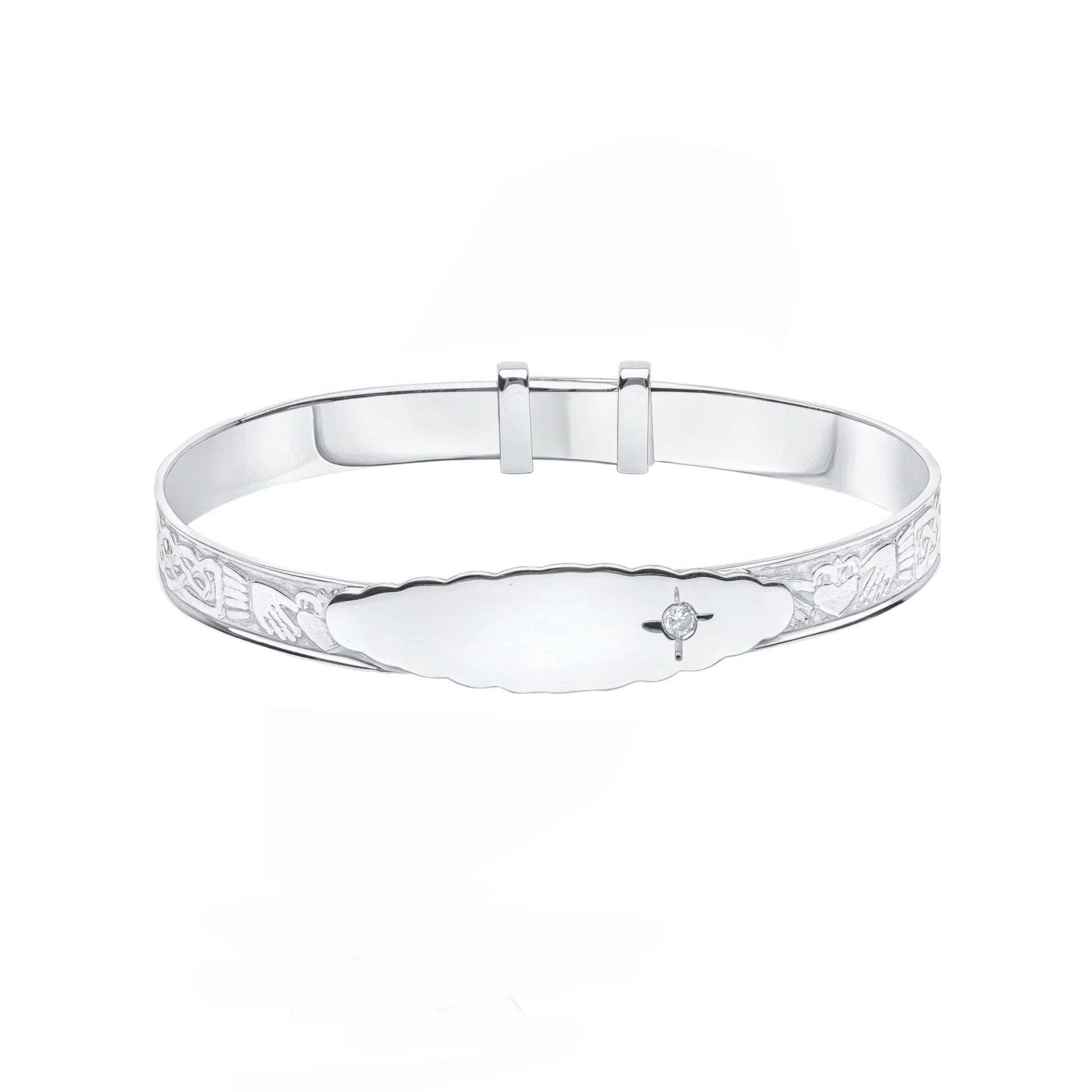 Sterling Silver Claddagh Expanding Childs ID Bangle White CZ