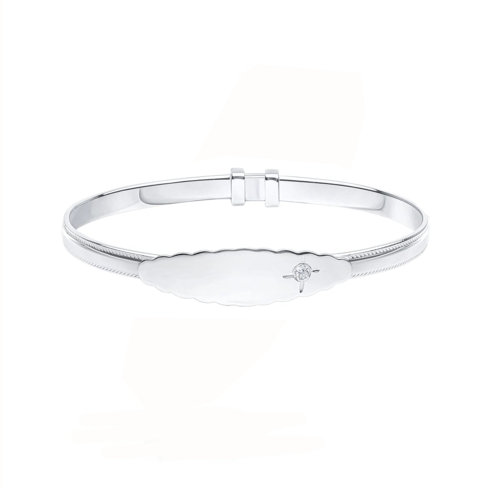 Sterling Silver Beaded Edge Expanding Childs ID CZ Bangle