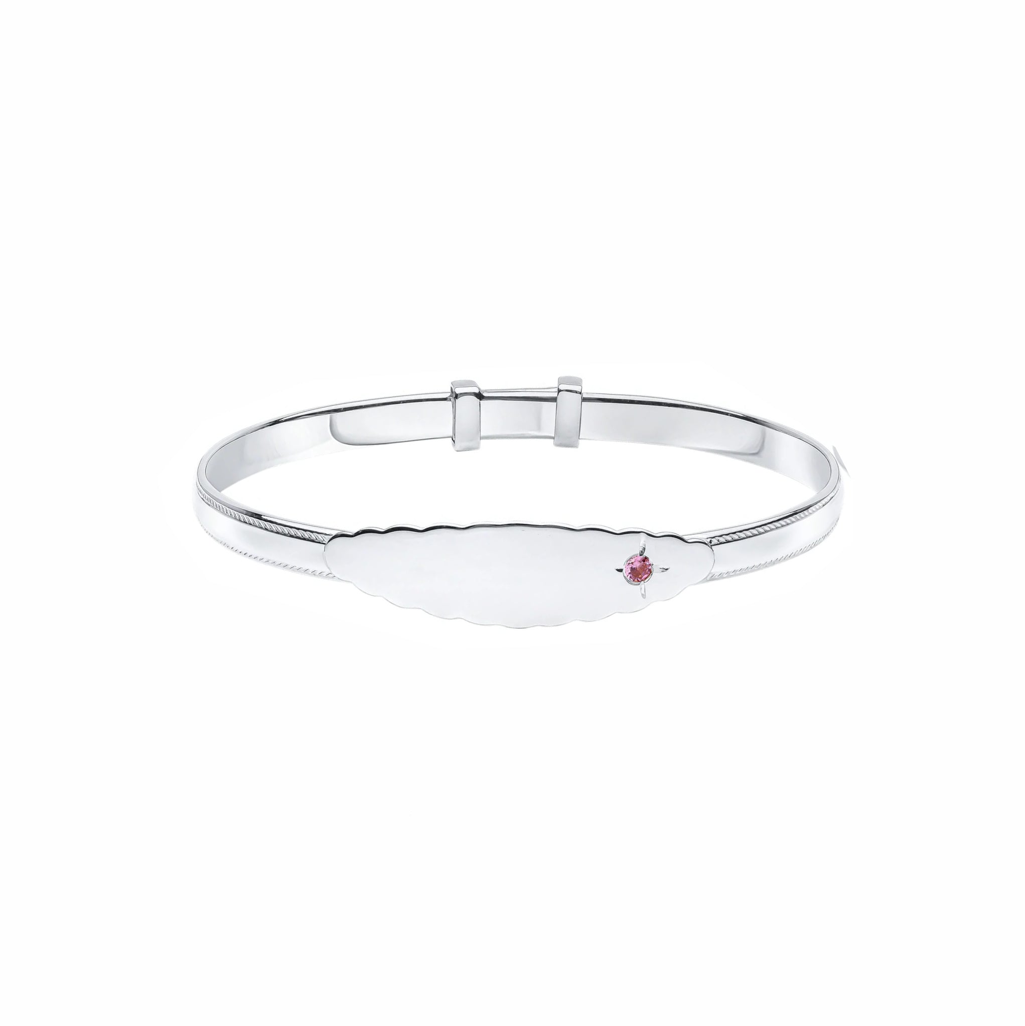 Sterling Silver Beaded Edge Expanding Childs ID Bangle Pink CZ
