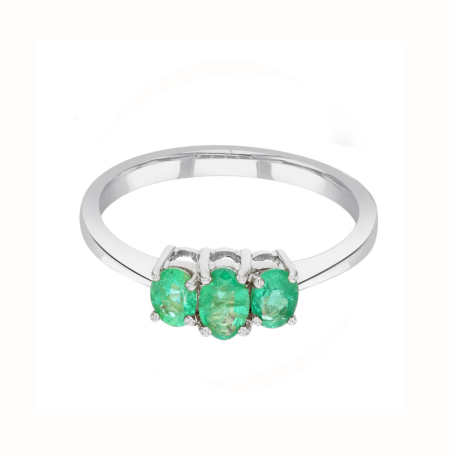 Emerald Three Stone Ring 9ct White Gold