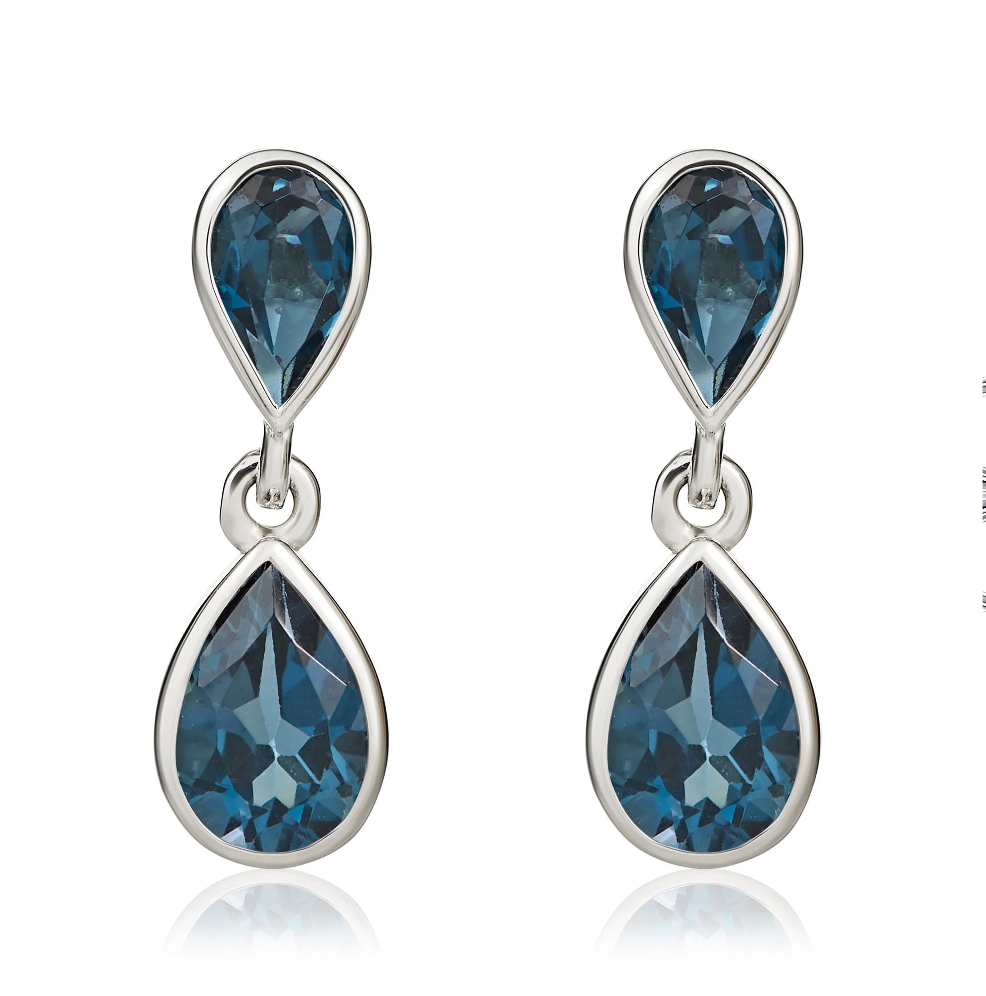 9ct White Gold Double London Blue Topaz Drop Earrings