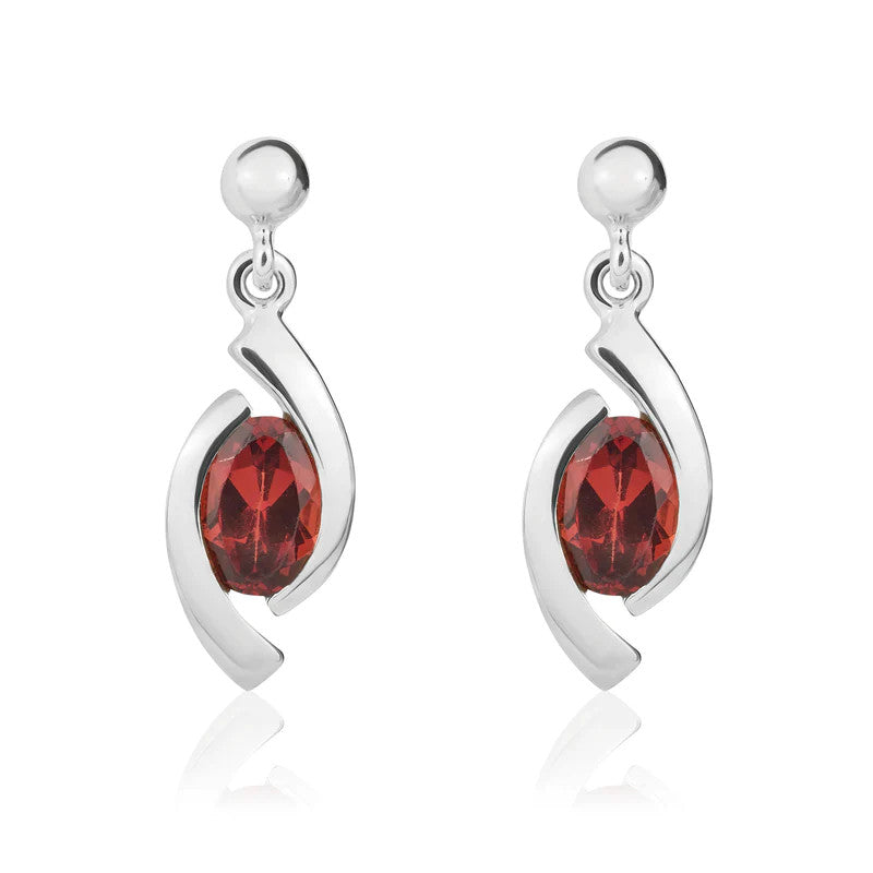 9ct White Gold Eye Garnet Drop Earrings