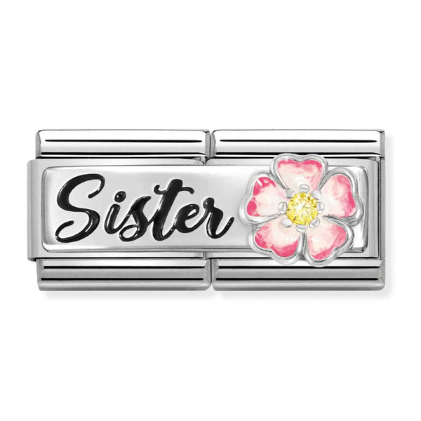 Nomination Double Link Sister Pink Flower with CZ Charm in Silver