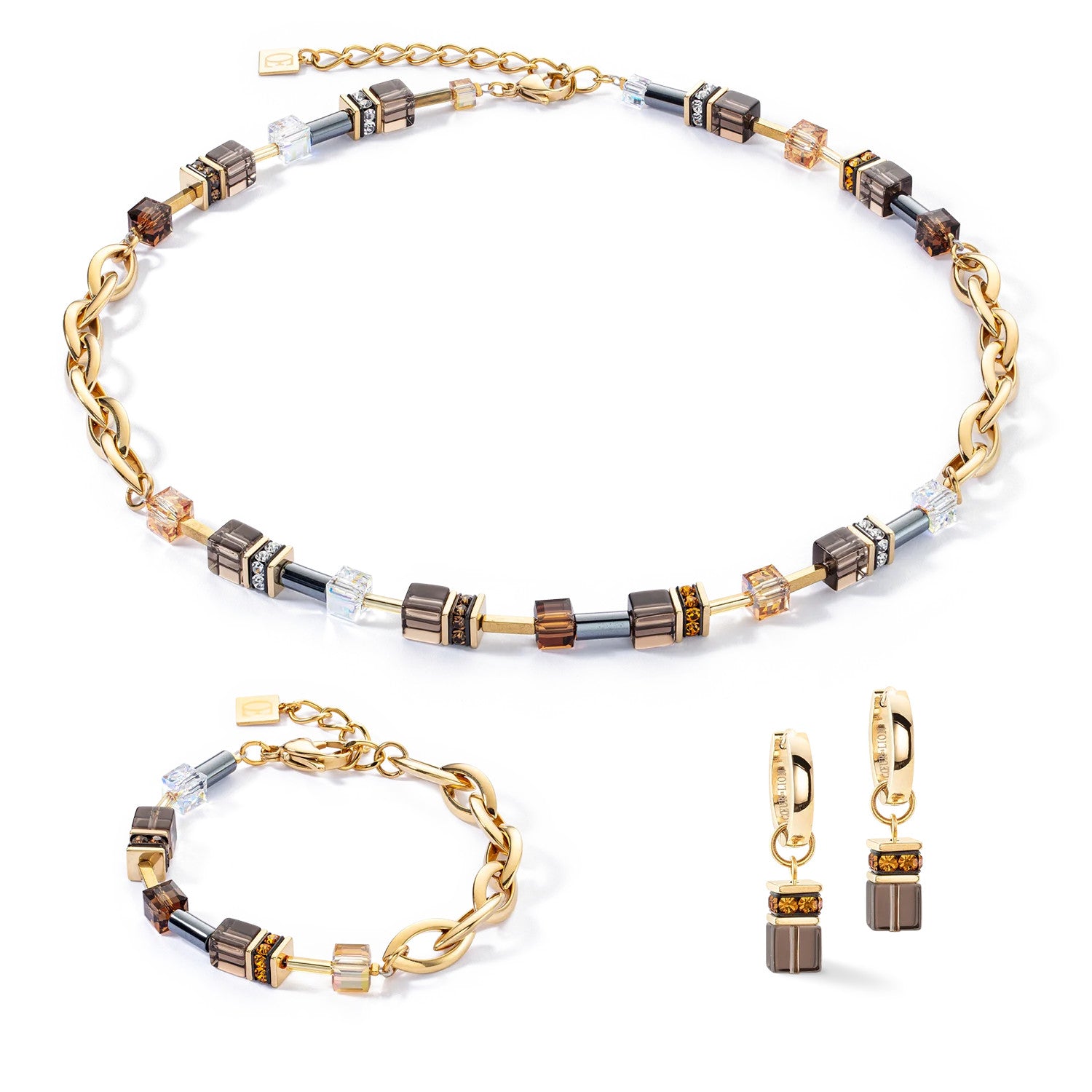 Coeur De Lion GeoCUBE® Chunky Chain Necklace Gold-Brown set
