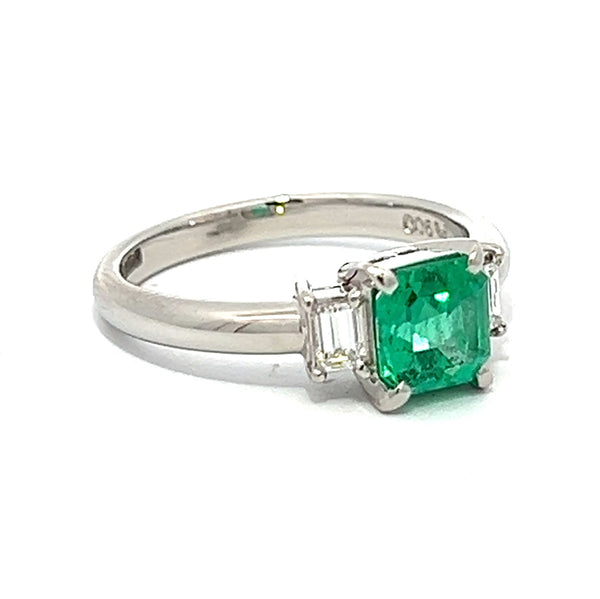 Emerald & Diamond 3 Stone Ring Platinum side
