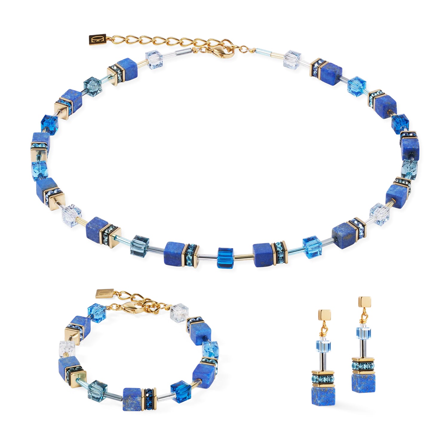 Coeur De Lion GeoCUBE® Iconic Precious Necklace Gold Blue set