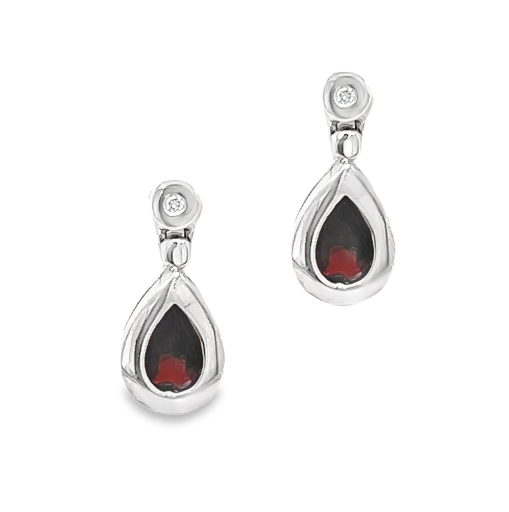 9ct White Gold Pear Cut Garnet & Diamond Drop Earrings