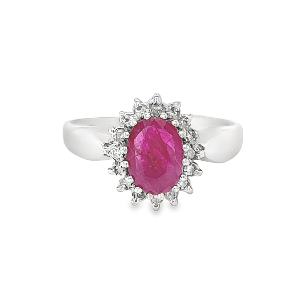 Ruby & Diamond Oval Cluster Ring 9ct White Gold