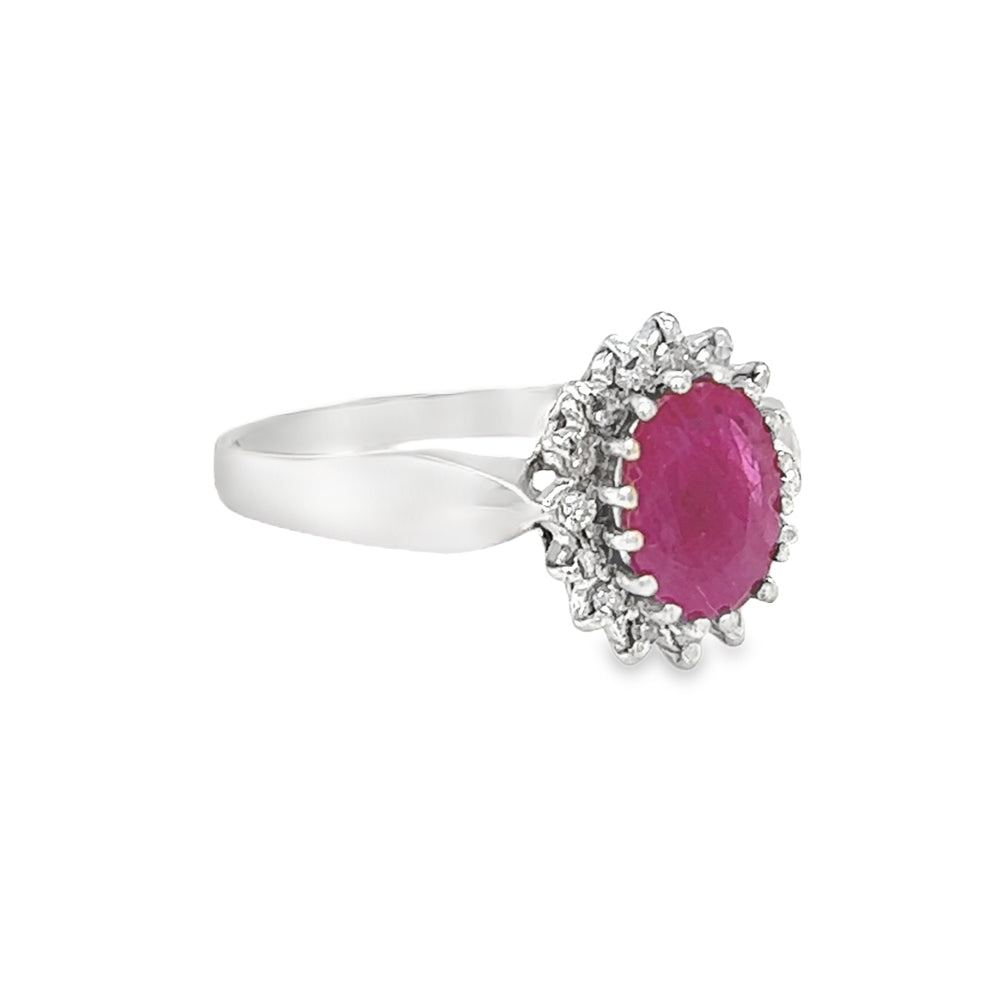 Ruby & Diamond Oval Cluster Ring 9ct White Gold side