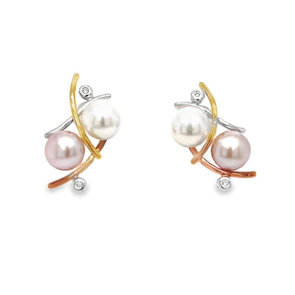 9ct Three Colour Gold Pearl & Diamond Earrings