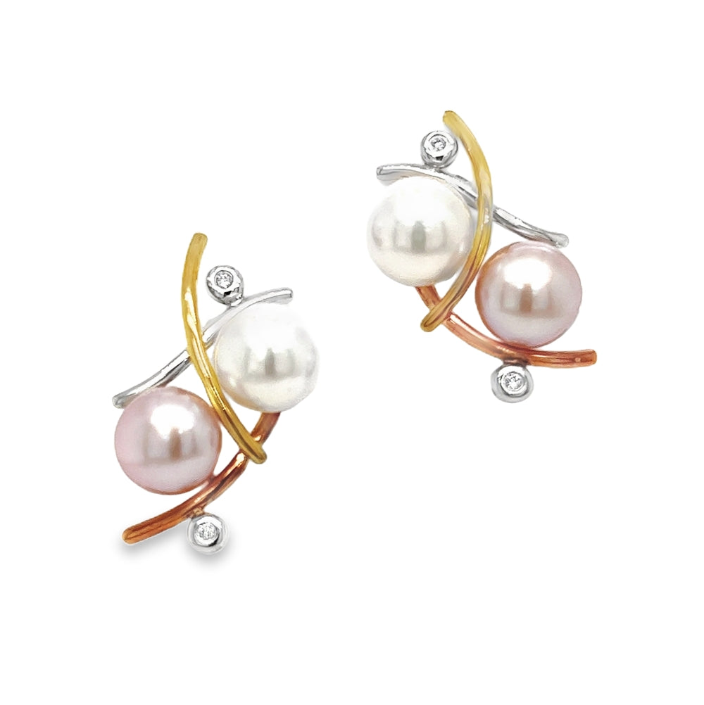 9ct Three Colour Gold Pearl & Diamond Earrings