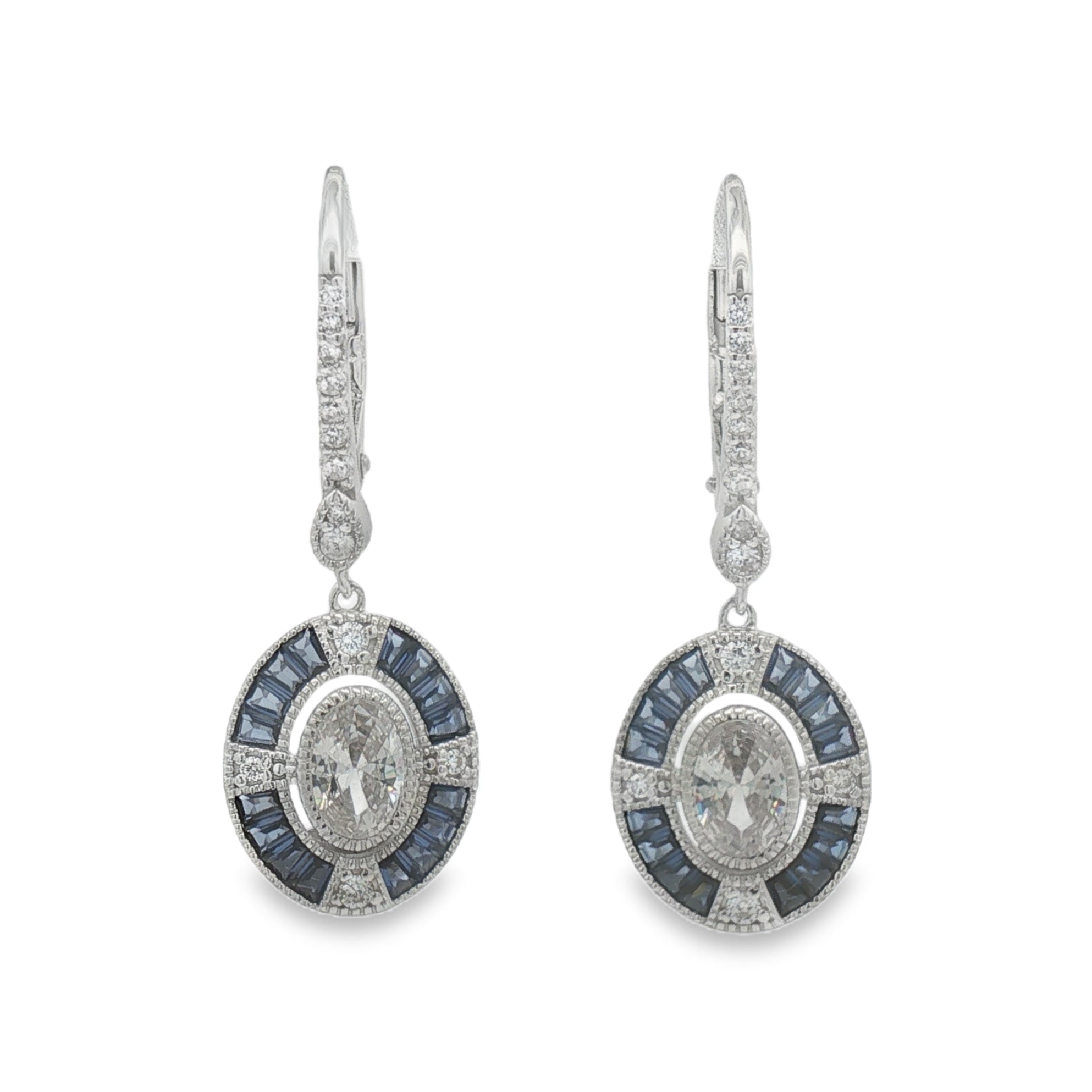 Sterling Silver Deco Style Blue & White CZ Drop Earrings