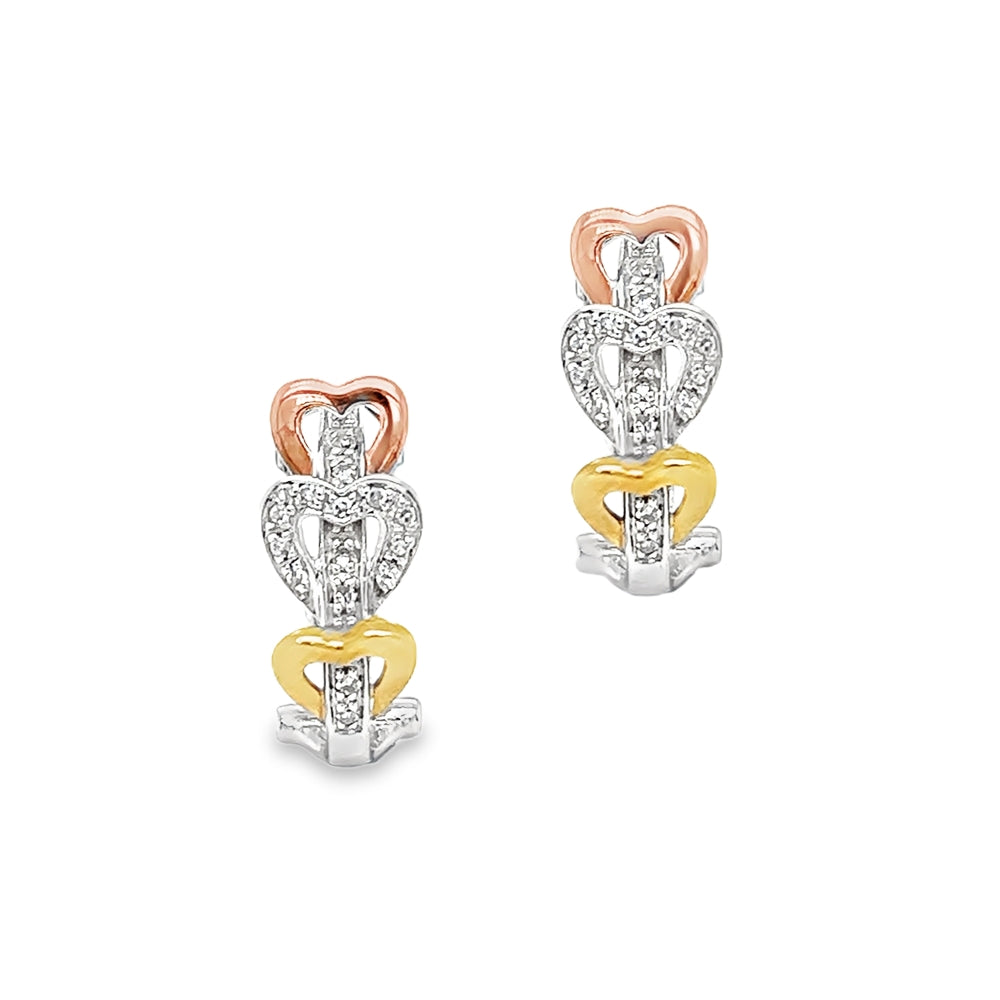 9ct 3 Colour Gold Diamond Heart Half Hoop Earrings