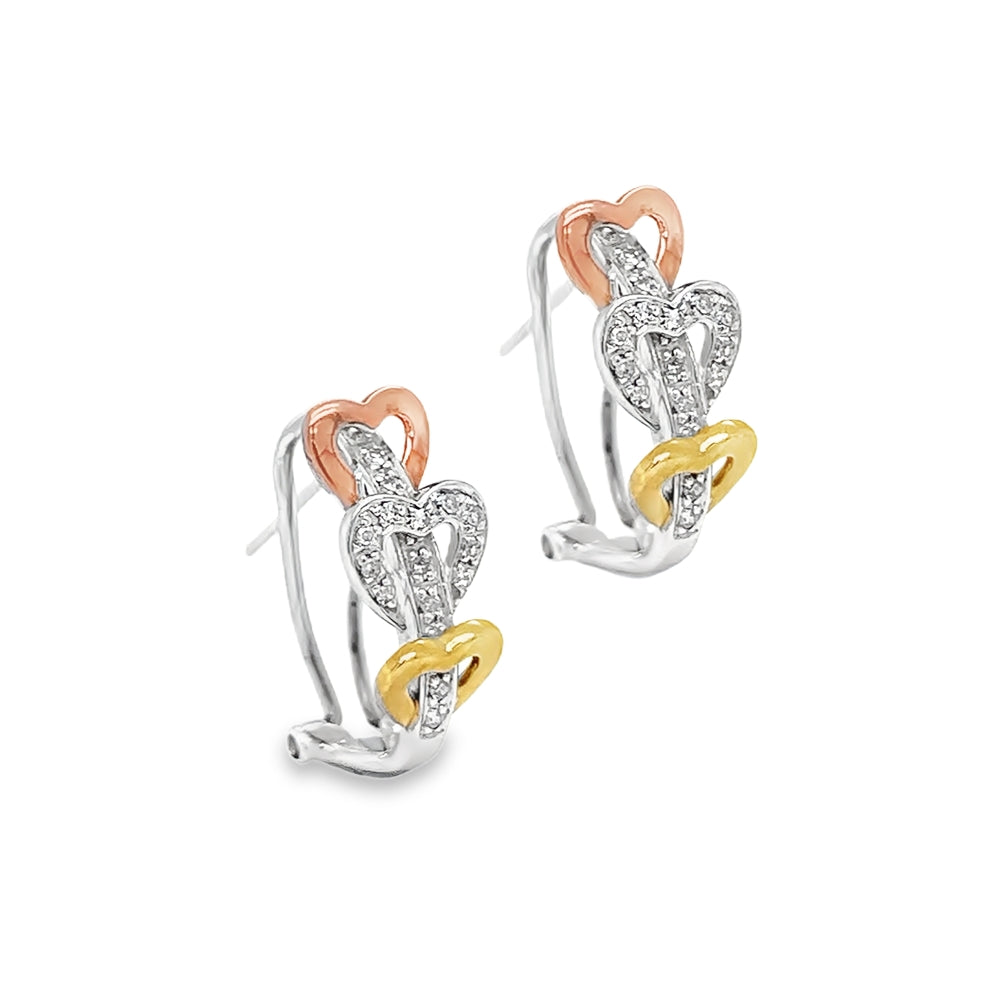 9ct 3 Colour Gold Diamond Heart Half Hoop Earrings side