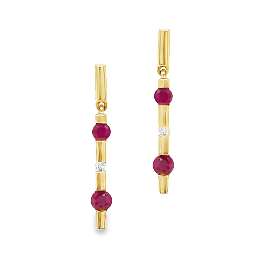 9ct Yellow Gold Ruby & Diamond Bar Drop Earrings