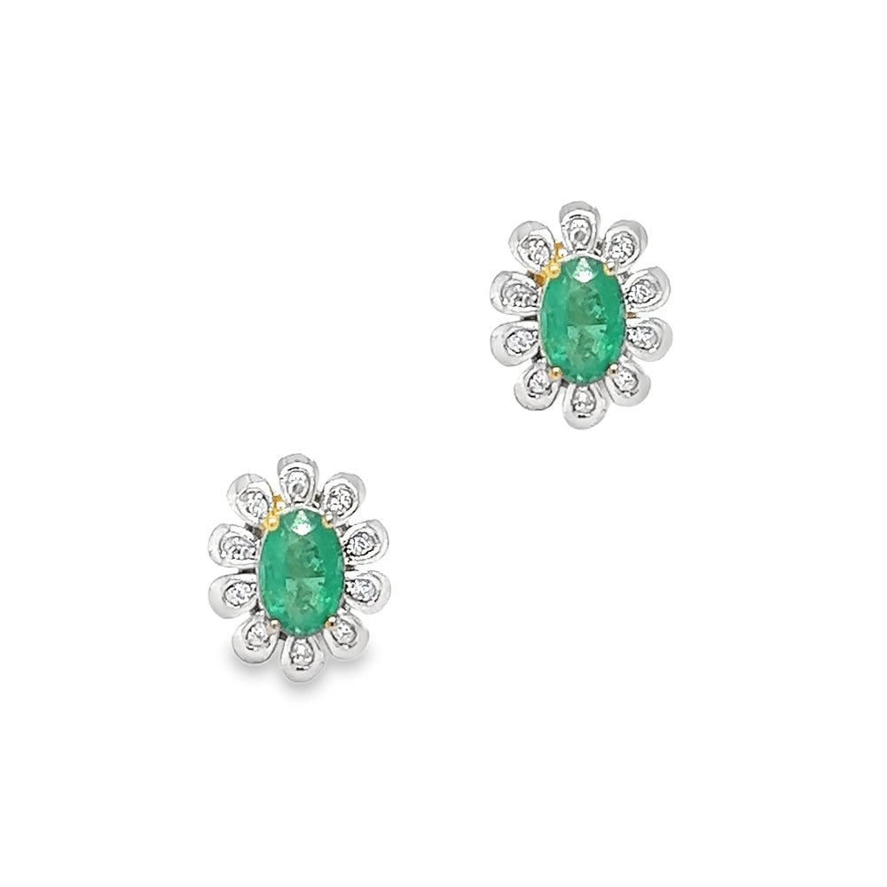 9ct Gold Oval Emerald & Diamond Cluster Earrings by Amore