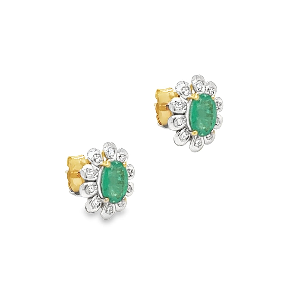 9ct Gold Oval Emerald & Diamond Cluster Earrings by Amore side