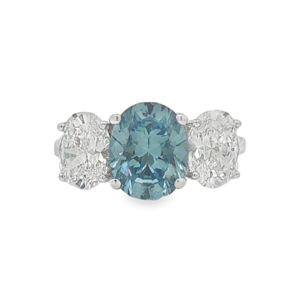 Silver Aqua Blue & White CZ Trilogy Ring
