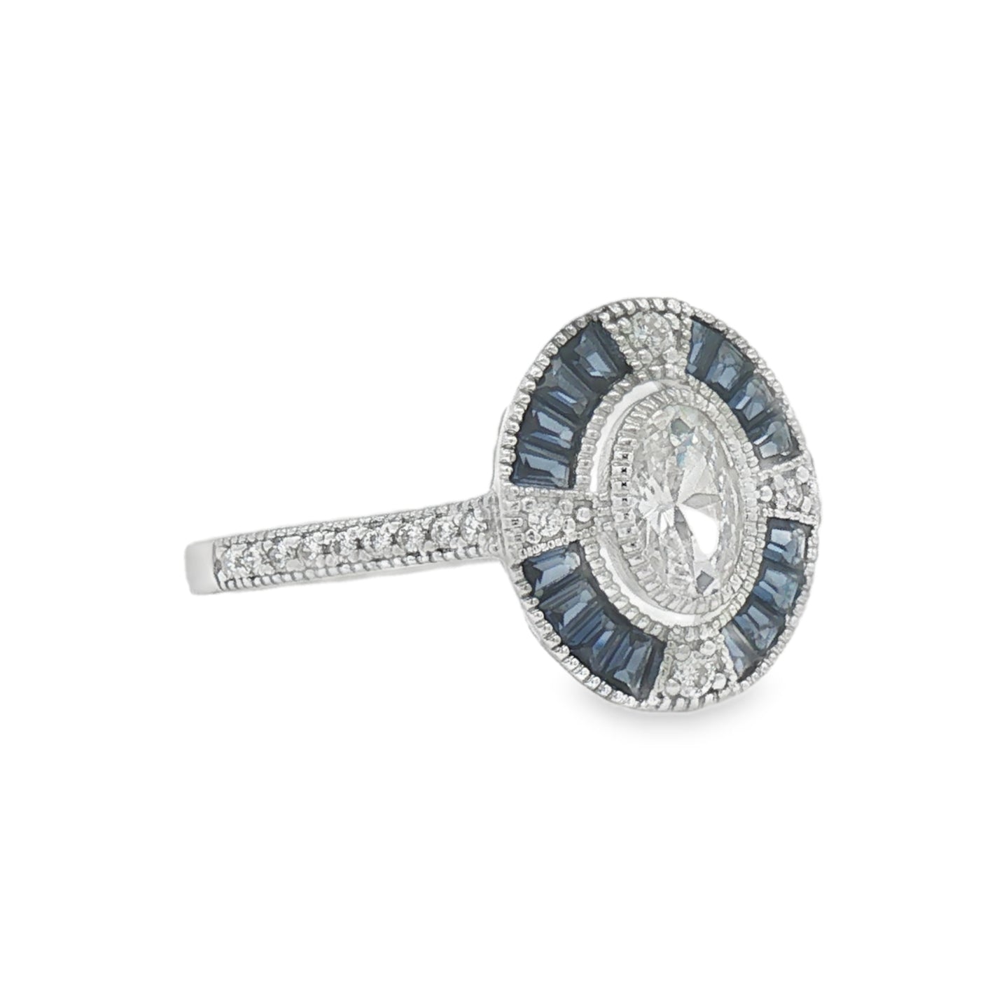 Sterling Silver Deco Style Blue & White CZ Ring side