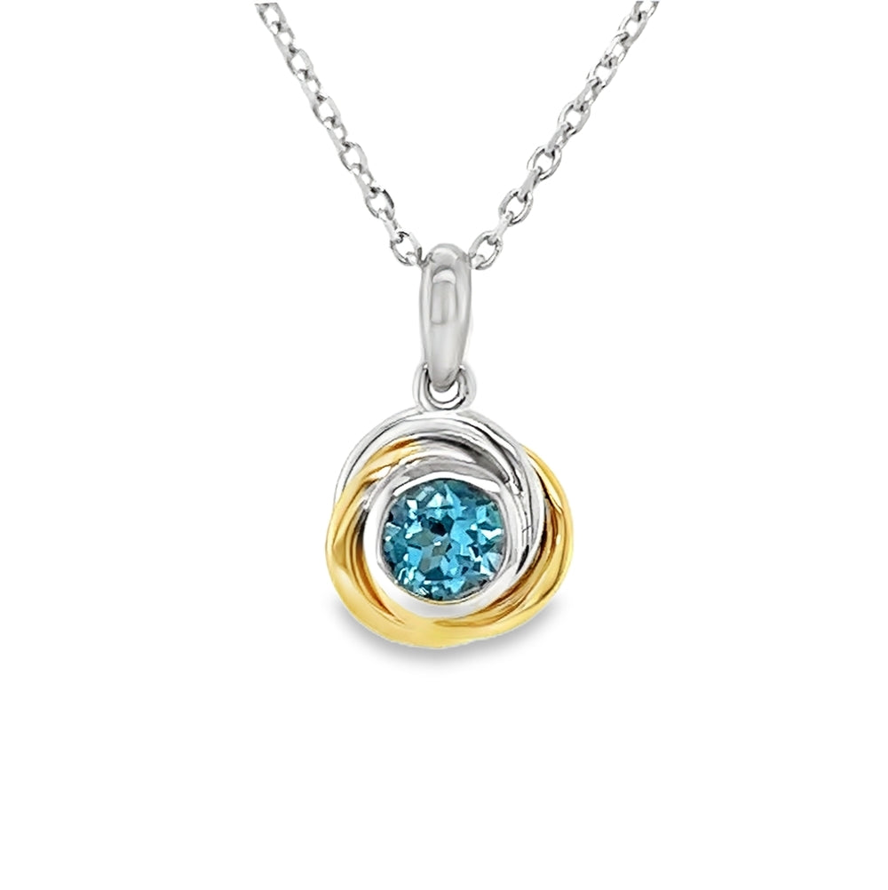 Amore Blue Topaz Knot Pendant 9ct 2 Colour Gold