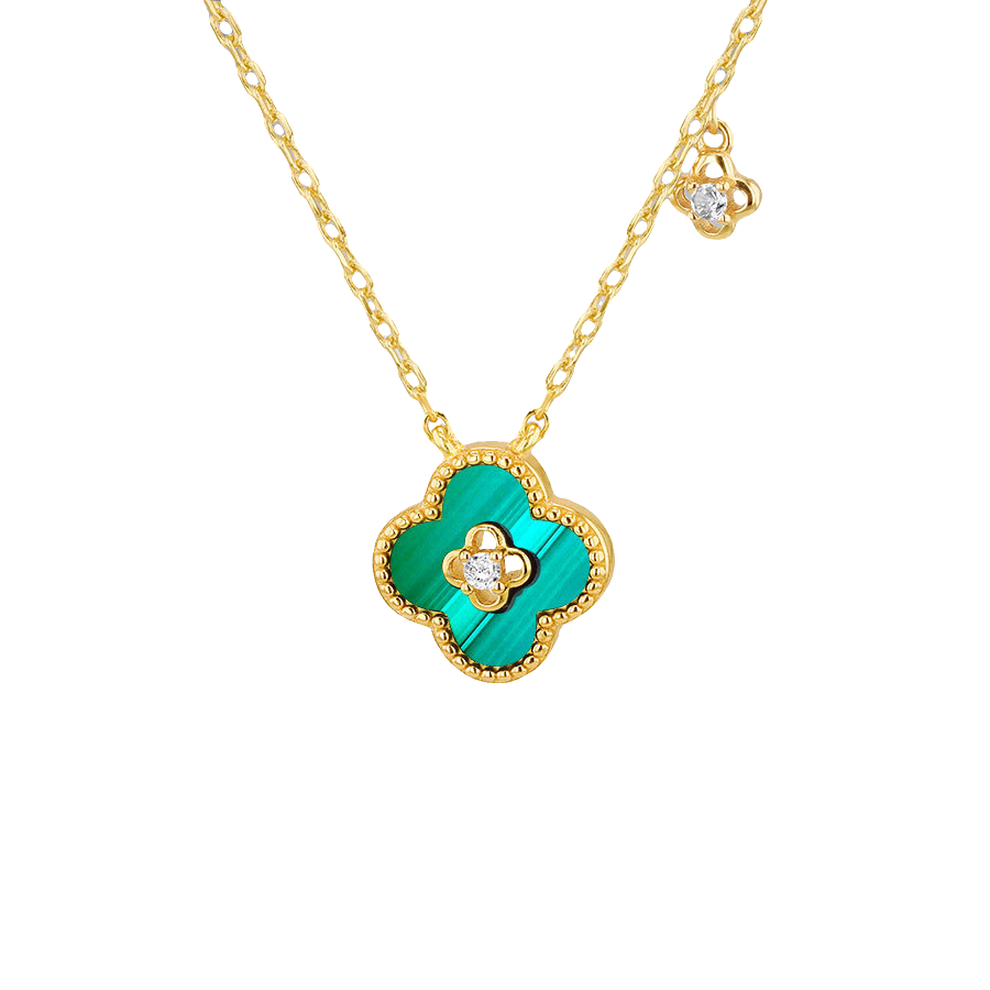 Silver Gold Plated Malachite & CZ Clover Necklace