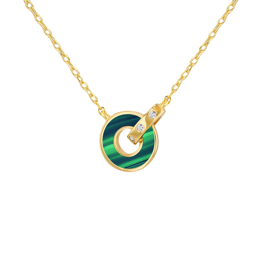 Silver Gold Plated Round Malachite & CZ Necklace