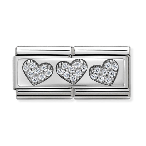 Nomination Double Link 3 Hearts with CZ Charm in Silver