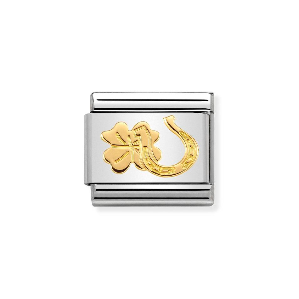 Nomination Classic Link Etched Horseshoe & Four Leaf Clover Charm in Gold