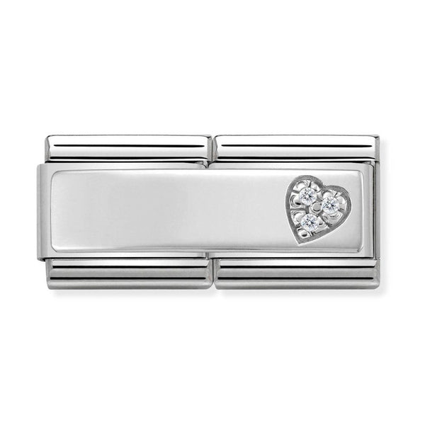 Nomination Double Link Engraving Plate Charm in Silver with Heart CZ