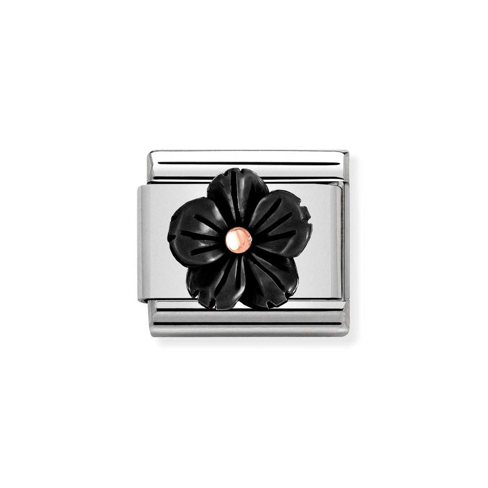 Nomination Classic Link Black Onyx Flower Charm in Rose Gold