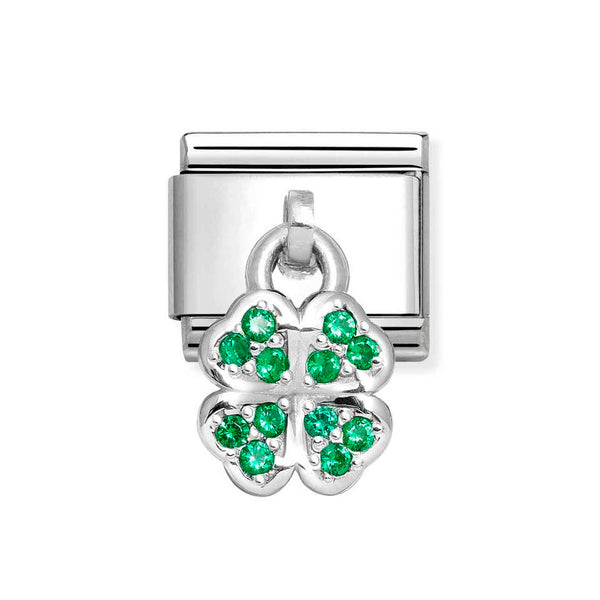 Nomination Classic Link Pendant CZ Green Four Leaf Clover Charm in Silver