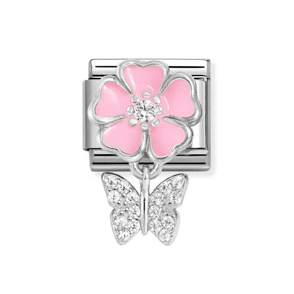 Nomination Classic Link Pendant Pink Flower & Butterfly CZ Charm in Silver