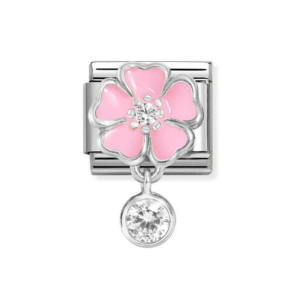 Nomination Classic Link Pendant Pink Flower & Round CZ Charm in Silver