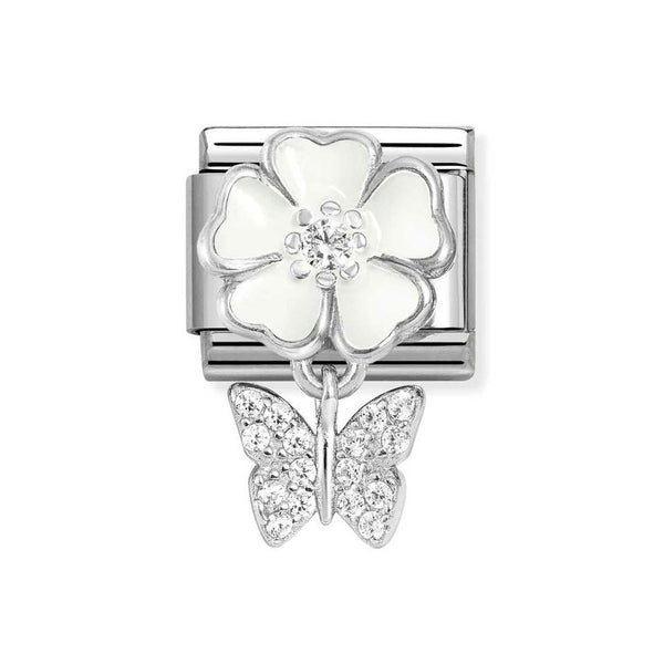 Nomination Classic Link Pendant White Flower & Butterfly CZ Charm in Silver