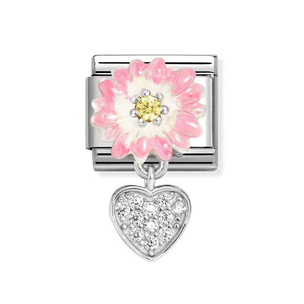 Nomination Classic Link Pendant Pink Flower Yellow CZ & Heart CZ Charm in Silver