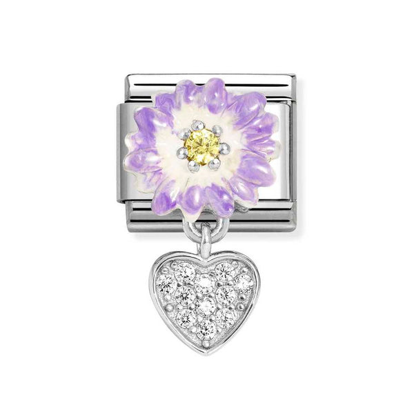 Nomination Classic Link Pendant Purple Flower Yellow CZ & Heart CZ Charm in Silver