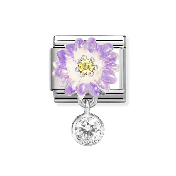 Nomination Classic Link Pendant Purple Flower Yellow CZ & Round CZ Charm in Silver
