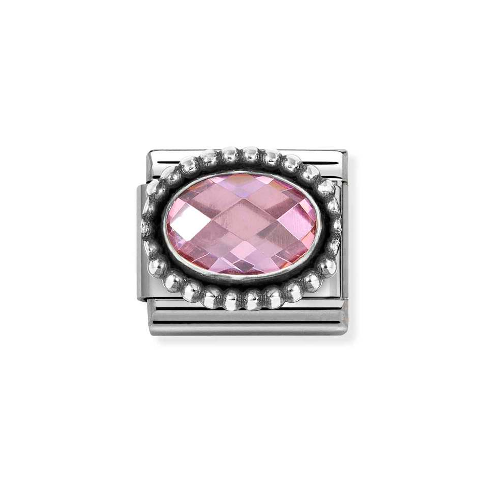 Nomination Classic Link Beaded Edge Faceted Pink CZ Charm in Silver