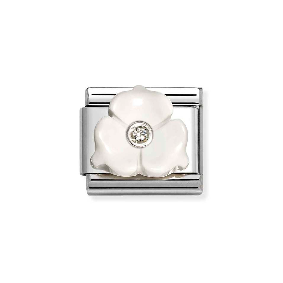 Nomination Classic Link 3 Petal White Flower with CZ Charm in Silver