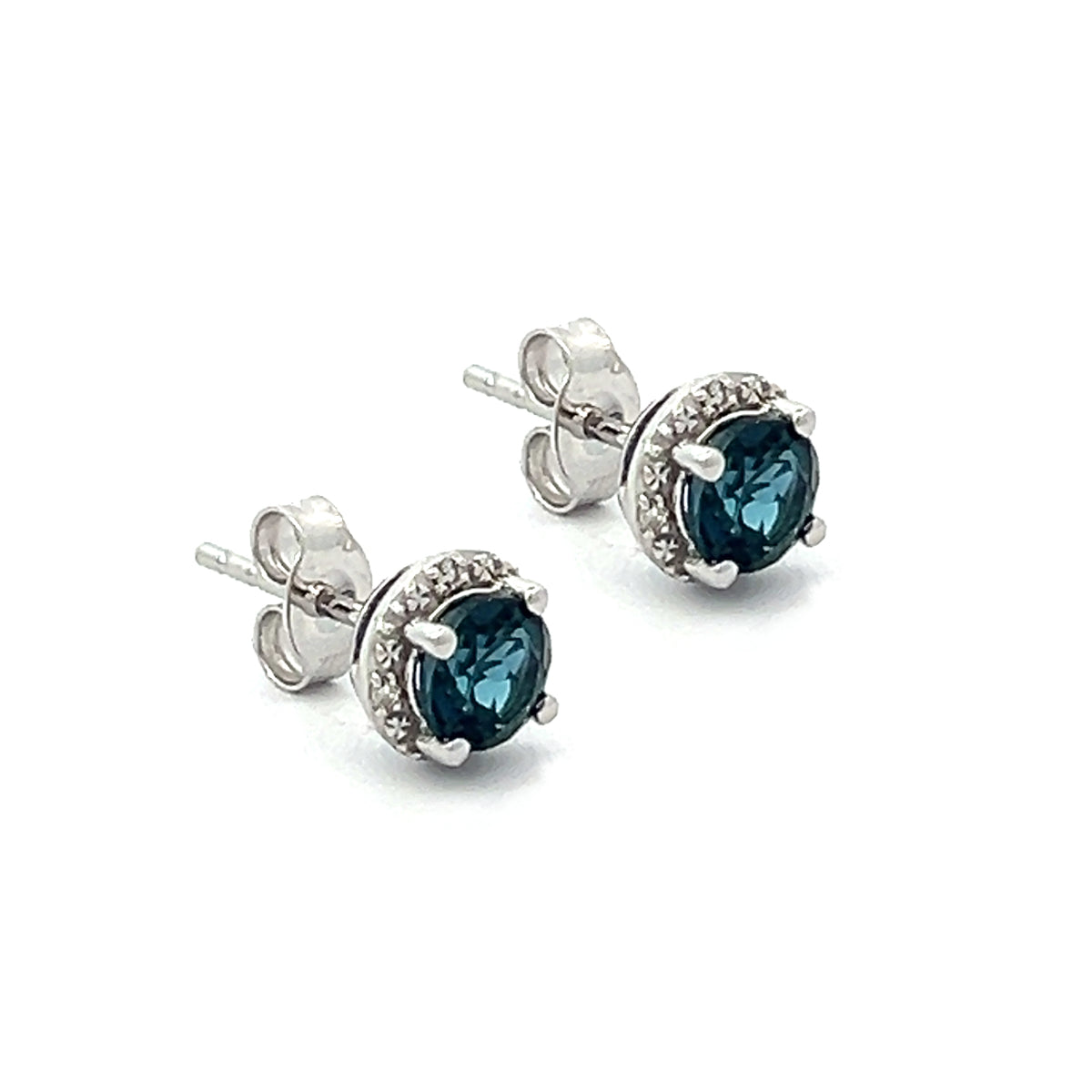 London Blue Topaz & Diamond Halo Earrings 9ct White Gold