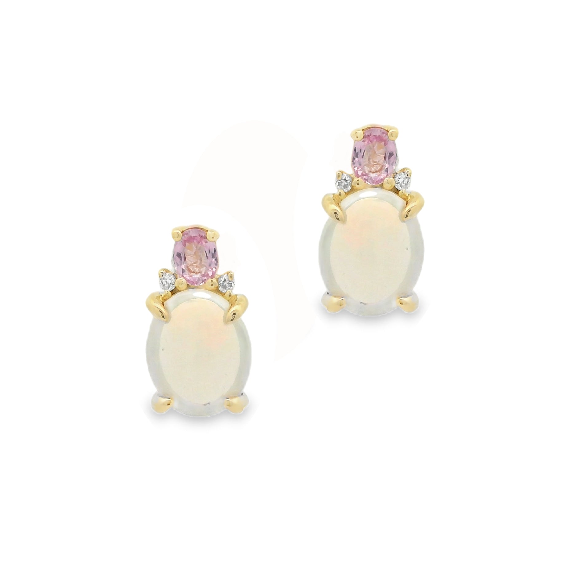 Opal Diamond & Pink Sapphire Stud Earrings 9ct Yellow Gold