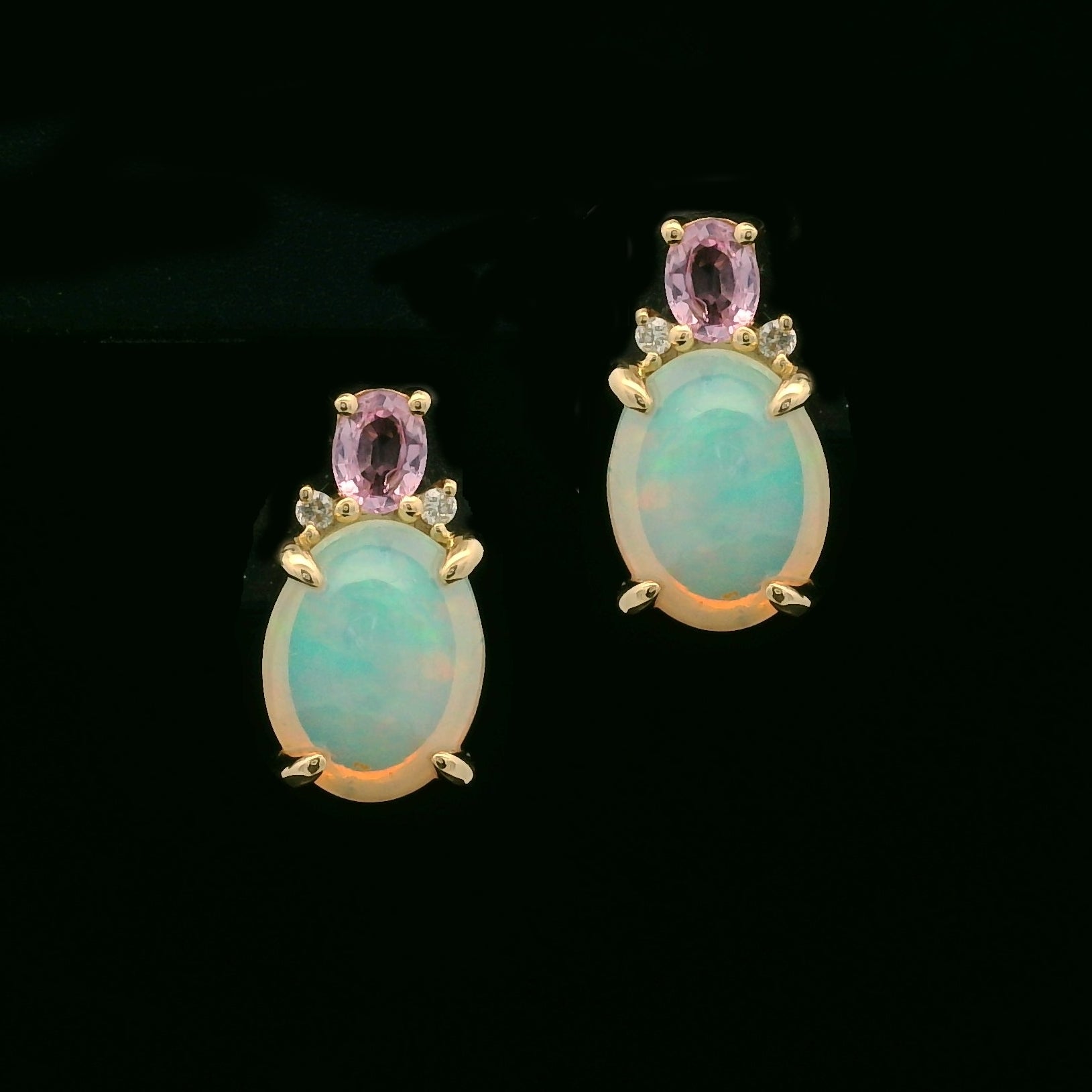 Opal Diamond & Pink Sapphire Stud Earrings 9ct Yellow Gold