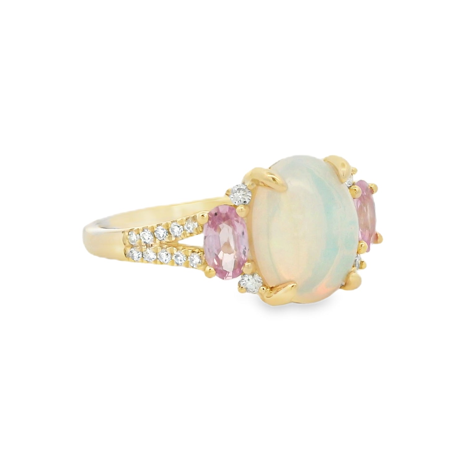 Opal Diamond & Pink Sapphire Ring 9ct Yellow Gold SIDE