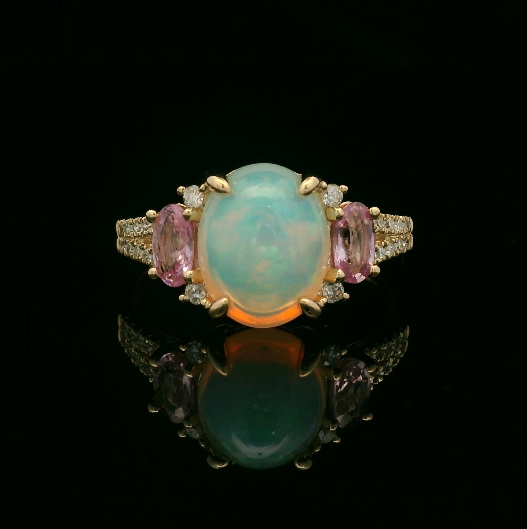Opal Diamond & Pink Sapphire Ring 9ct Yellow Gold