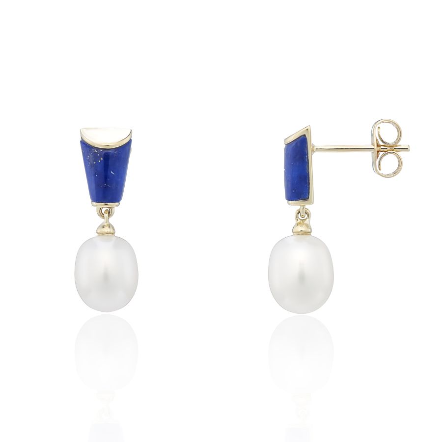 9ct Yellow Gold Lapis & Pearl Drop Earrings