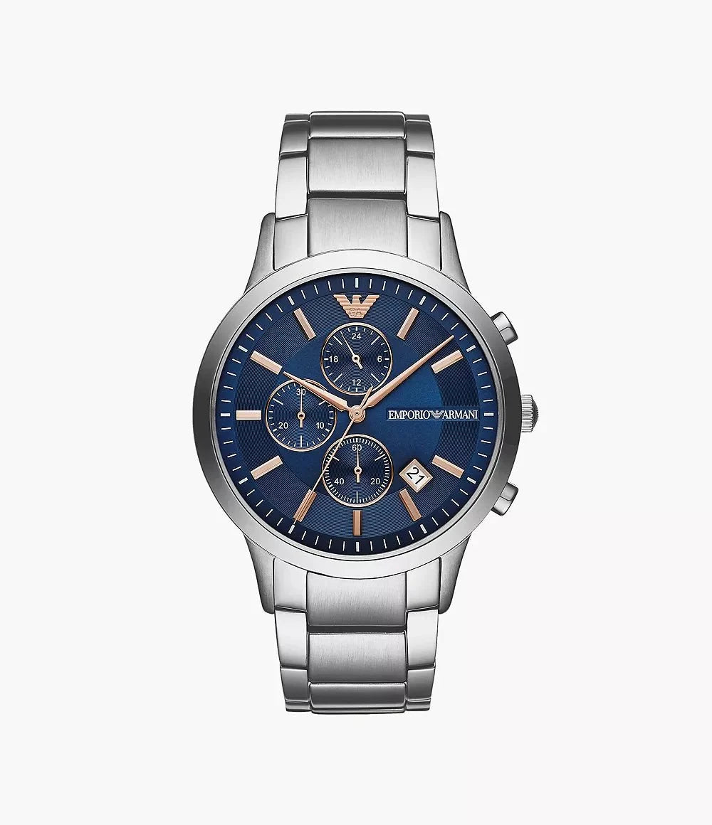 Emporio Armani Mens Ar11458 Rose Gold Tone Stainless Steel And Blue Leather Watch