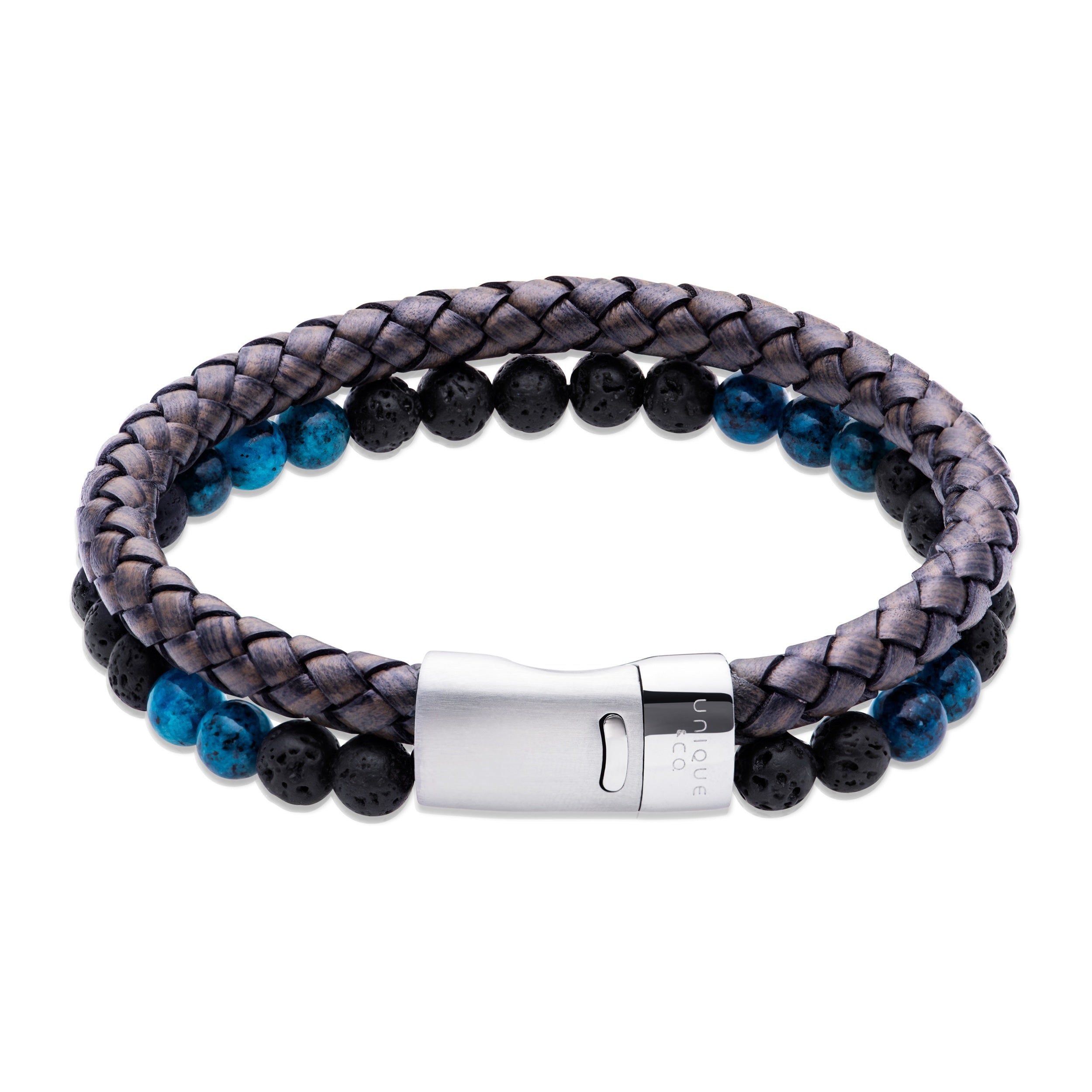 Unique & Co Men's Black Leather, Lava Stone & Turquoise Bracelet B541